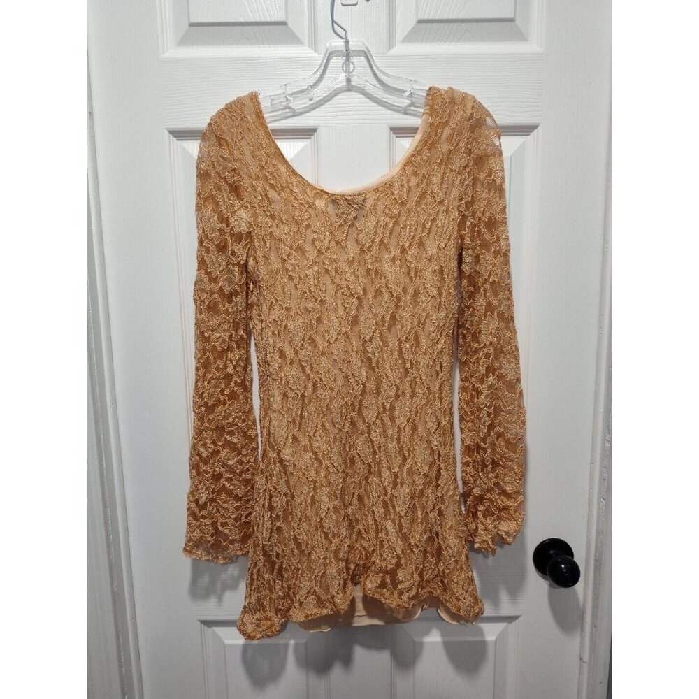 Angie Tan Stretchy Boho Flare Lace Overlay Long Bell Sleeve Dress - Size Medium - Picture 6 of 6